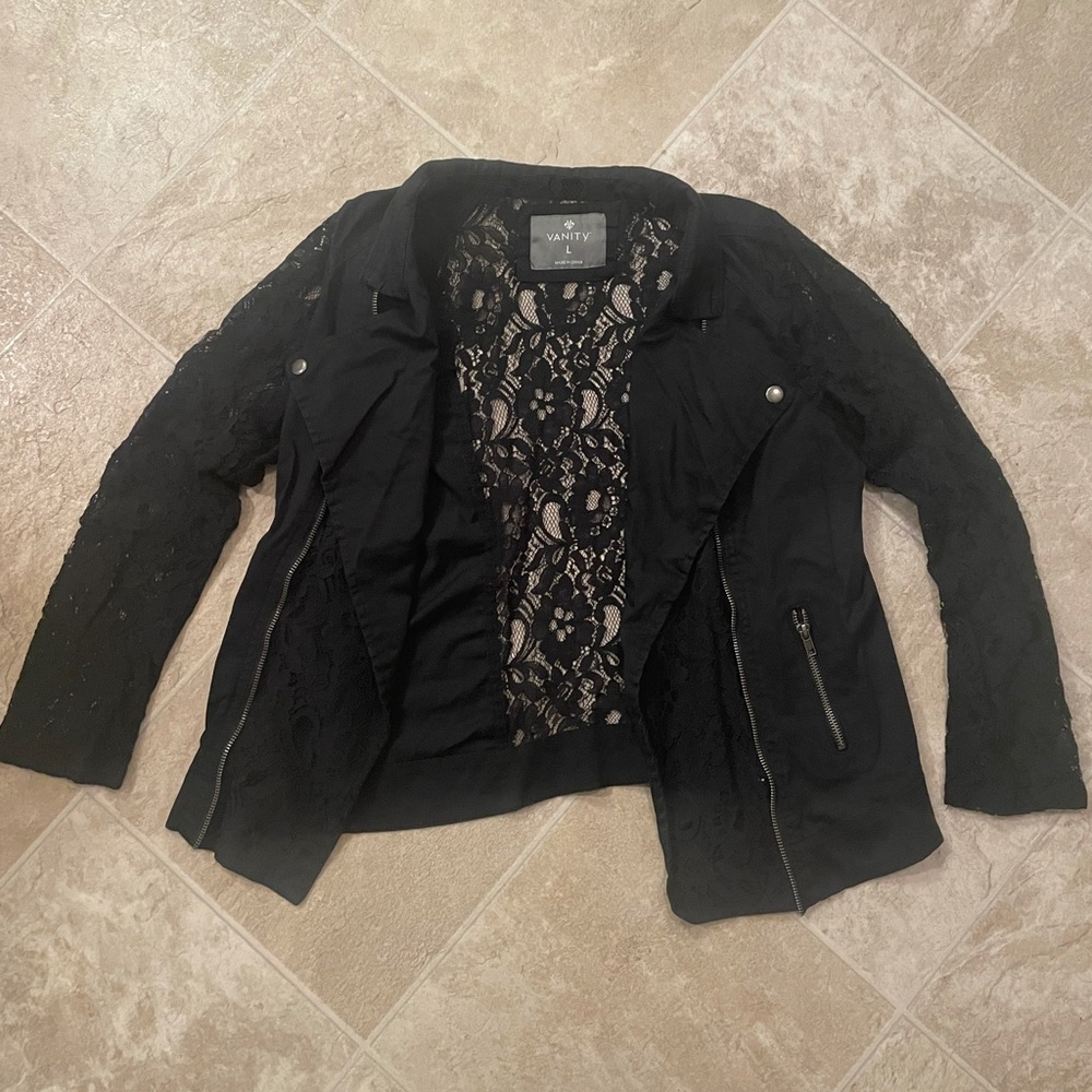 Vanity. Black. Biker Style Blazer with Floral Lace and Zipper Detail. Size L.